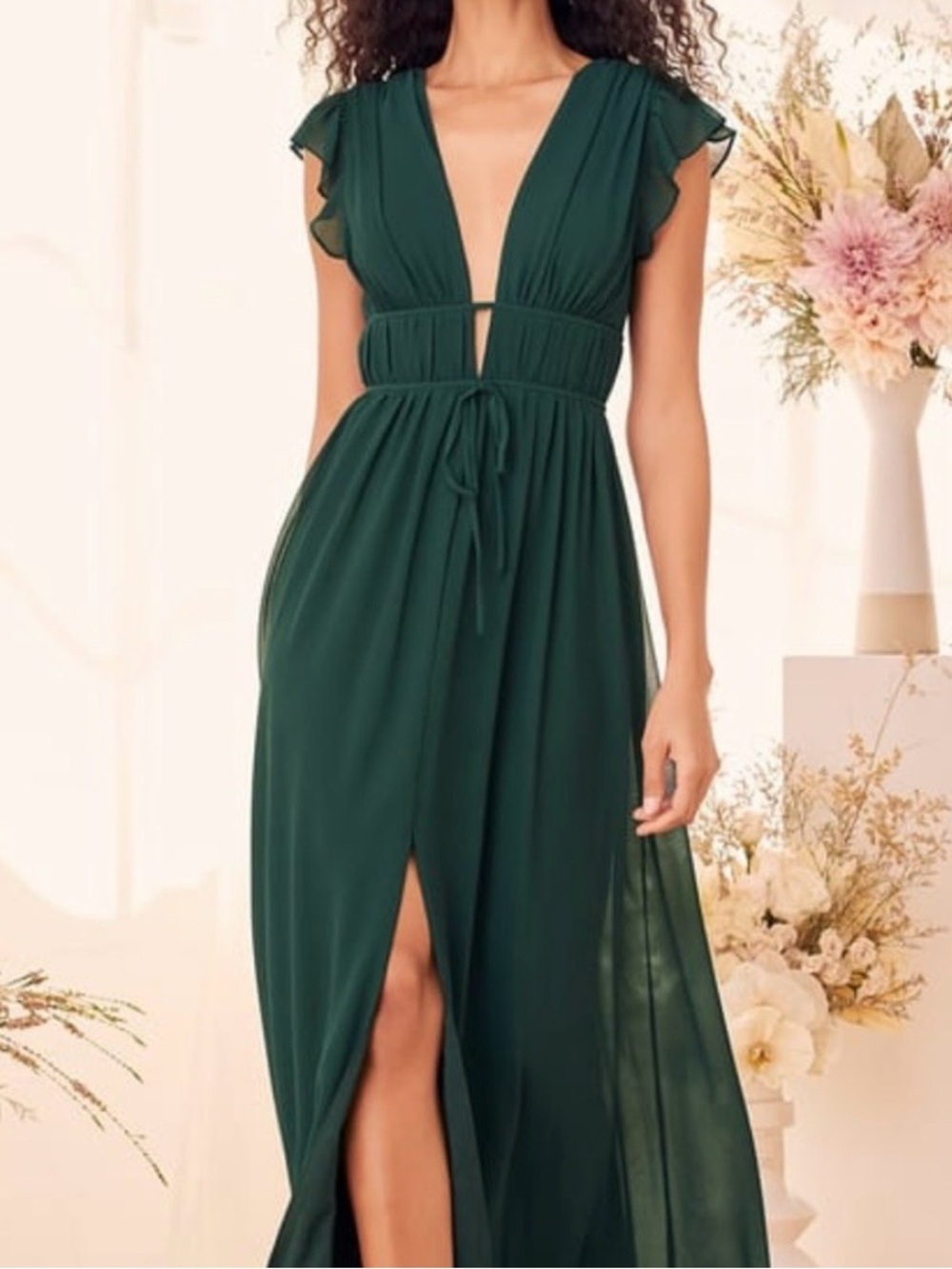Lulu's Forest Green Plunging V-Neck Maxi Dress